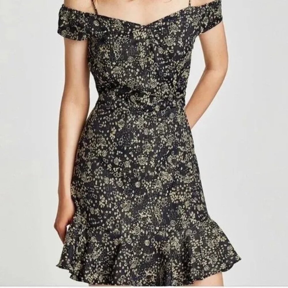 ZARA BASIC Z1975 Denim Off The Shoulder Dress Navy Blue W/ Cream Floral Print - Picture 3 of 10